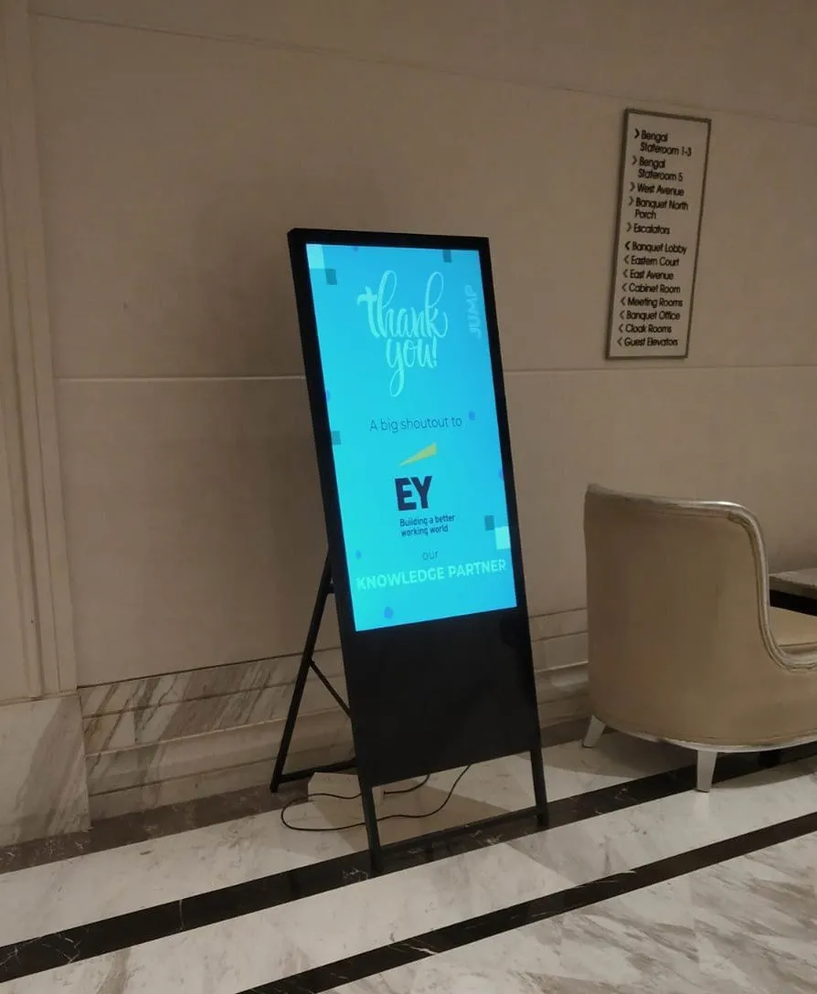 A-Type Digital Standee showing promotional content in a marble lobby