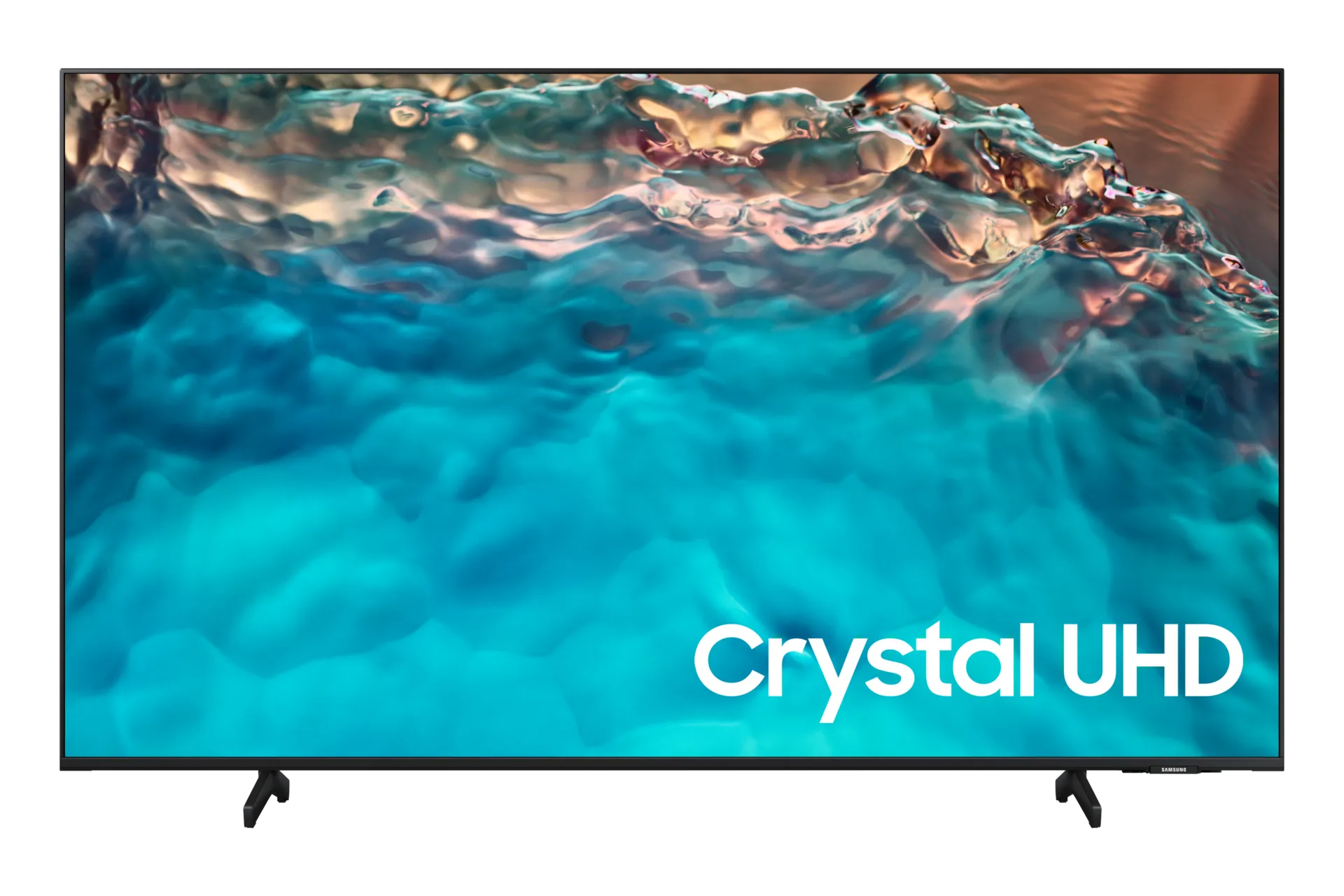Samsung HBU8000 hospitality display, 65-inch front view with Crystal UHD demo content